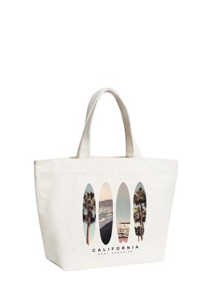 Canvas tote bag with four surfboard-shaped images of palm trees, beach, and lifeguard tower, labeled "California Surf Paradise."