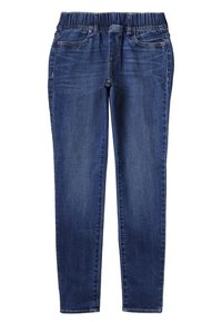 Blue denim jeans with a stretchy elastic waistband, five pockets, and slim fit design, featuring slight fading and contrasting stitching details.