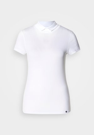 White cotton short-sleeve polo shirt with a classic collar; features a small logo detail on the lower left side. Smooth texture.