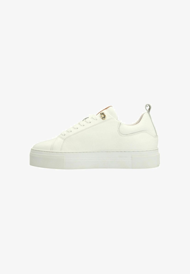 White sneaker with a smooth canvas upper, thick rubber sole, rounded toe, and subtle logo accent near the lace eyelets.