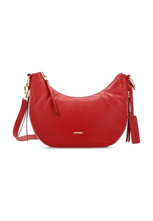 Red leather shoulder bag with a curved shape, gold hardware accents, and a detachable strap. Features a zipper closure and branded tag.