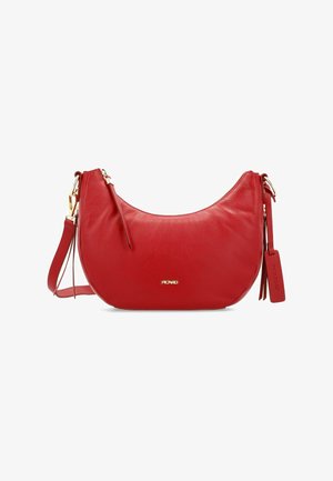 Red leather shoulder bag with a curved shape, gold hardware accents, and a detachable strap. Features a zipper closure and branded tag.
