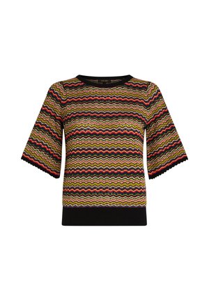 Top en tricot à manches courtes avec un motif ondulé en vert, orange et rouge, doté d'un col et d'un ourlet en rib d'une couleur noire avec des détails en forme de vagues.
