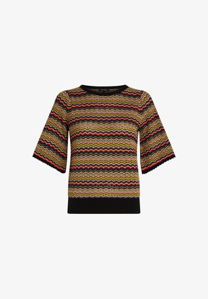 Gestricktes Kurzarmoberteil mit einem welligen Muster in Grün, Orange und Rot, ausgestattet mit einem schwarzen gerippten Ausschnitt und Saum mit gewellten Details.