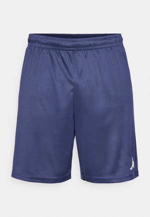 Námornícke modré športové šortky vyrobené z materiálu, ktorý odvádza vlhkosť, so širokým elastickým pásom a malým logom na dolnej strane.