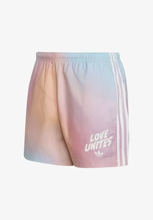 Pastelowe spodenki sportowe z gradientem, z napisem "LOVE UNITES" i logo Adidas z przodu, z elastycznym paskiem w talii i trzema białymi paskami po bokach.