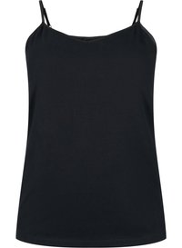 Zwarte mouwloze camisetetop met dunne verstelbare schouderbandjes en een lichte V-hals.