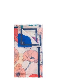 Kolorowy szalik w kwiaty przedstawiający różowe, czerwone i niebieskie maki z ciemnym bordem. Lekki materiał o lekko przezroczystej fakturze.