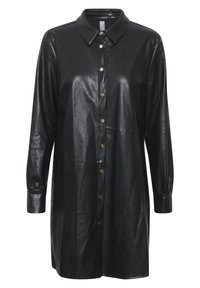 Abito camicia in pelle nera con colletto appuntito, maniche lunghe e chiusura a bottoni. Presenta una texture liscia e bottoni in tonalità oro.