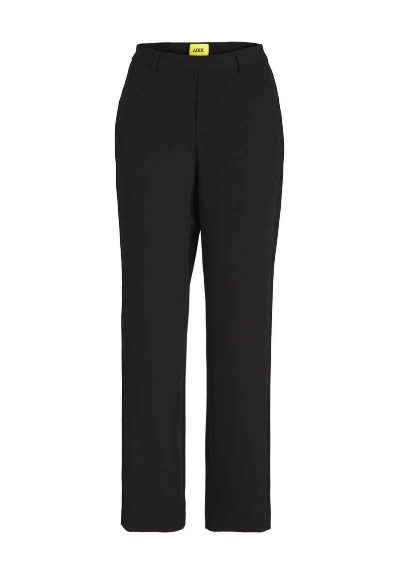 Pantalon droit noir avec une texture lisse, taille élastique et sans poches visibles. Présente une étiquette avec un texte en jaune vif.