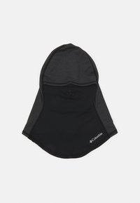 Crna i siva balaclava za performanse s glatkom teksturom, koja sadrži Columbia logo i mali dekoreativni uzorak na prednjem dijelu.