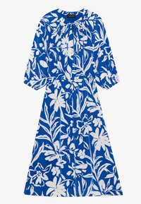 Robe florale bleue avec des motifs floraux blancs, manches longues, encolure froncée et taille élastique. Tissu doux avec une coupe décontractée.