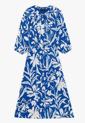 Blue floral dress featuring white floral patterns, long sleeves, gathered neckline, and elastic waist. Smooth fabric with a relaxed fit.