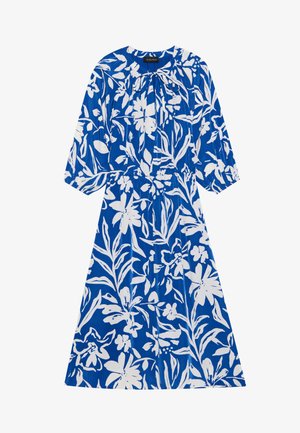 Rochie albastră cu motive florale, având modele florale albe, mâneci lungi, gât strâns și talie elastică. Material neted, cu o croială lejeră.