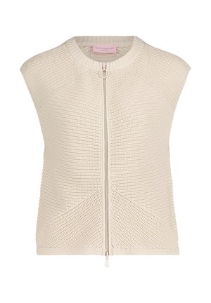 Lichtbeige gebreid vest met een ronde hals, korte mouwen en een ritssluiting aan de voorkant. Heeft een gestructureerde stof en diagonale naaddetails.