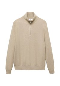Suéter color beige claro hecho de un tejido texturizado, con un cuello alto y un cierre corto en la parte frontal. Diseño limpio sin patrones.