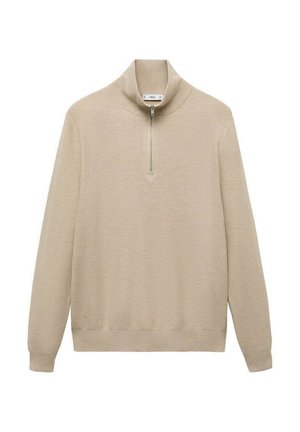 Suéter color beige claro hecho de un tejido texturizado, con un cuello alto y un cierre corto en la parte frontal. Diseño limpio sin patrones.