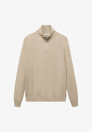 Svetlo bež pulover iz teksturirane tkanine, ki ima visok ovratnik s kratkim zadrgo in dolge rokave. Čista zasnova brez vzorcev.