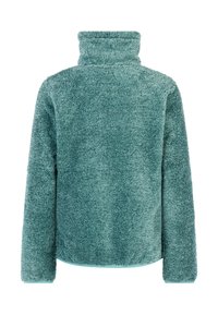 Teal jakna od visokog flisa s dugim rukavima i visokim ovratnikom, prikazana s leđa na bijeloj pozadini.