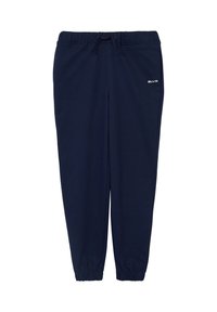 Marineblauwe katoen joggingbroek met een elastische tailleband, een trekkoord en elastische boorden. Heeft een klein wit logo op de linkerbovenbeen.