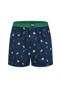 Námořnické modré pánské boxerky s veselým vzorem perníkových mužů, cukrových holí a sněhových vloček, s elastickým zeleným páskem.