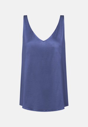 V-hals tanktop in stevig diepblauw, gemaakt van een gladde stof. Heeft brede schouderbanden en een relaxte pasvorm met een licht gebogen zoom.