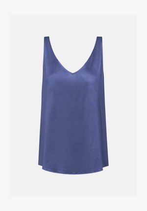 Débardeur en V de couleur bleu profond uni, en tissu lisse. Présente des bretelles larges et une coupe décontractée avec un ourlet légèrement arrondi.