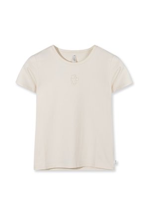 Maglietta semplice beige a maniche corte con scollo rotondo e piccolo logo in rilievo al centro sotto il colletto.