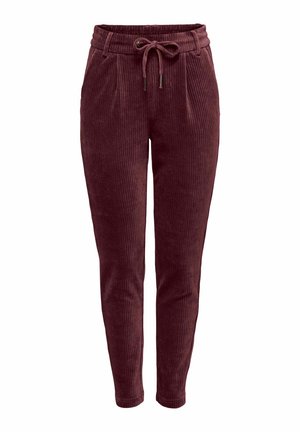 Burgundi värvi corduroy joggersid elastse vöökoha, reguleeritava paeltega, kahe esise tõmblukuga tasku ja vertikaalse ribatekstuuriga.