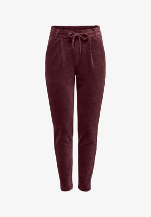 Bordeaux corduroy joggers met een elastische tailleband, verstelbaar trekkoord, twee voorzakken en verticale ribbelstructuur.