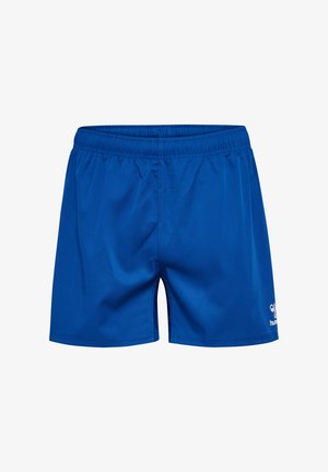 Blå sportsshorts med elastisk linning og lille hvidt logo på det nederste højre ben, vist på hvid baggrund.