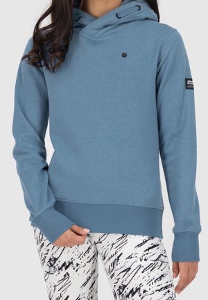 Blauwe hoodie met een kangoeroezak, verstelbare capuchon met trekkoord, geribbelde boordjes en zoom. Opvallend merkpatch op de mouw.