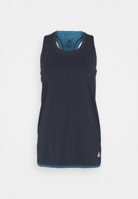 Canottiera sportiva blu navy con scollatura rotonda e spalline sottili, con un sottofondo turchese a contrasto e un piccolo logo sull'orlo.
