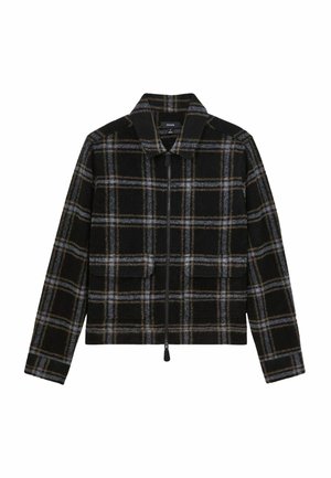 Giacca a quadri nera realizzata in misto lana, con chiusura a zip, due tasche frontali e colletto aperto con linee chiare a contrasto.