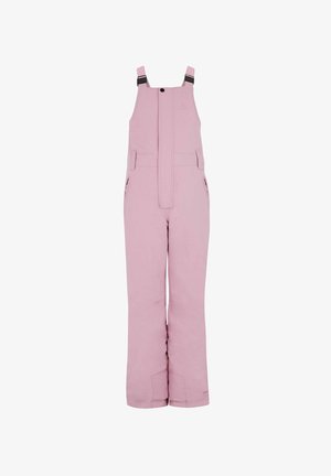Pantaloni da neve imbottiti rosa chiaro con bretelle nere regolabili e tasche laterali con cerniera.