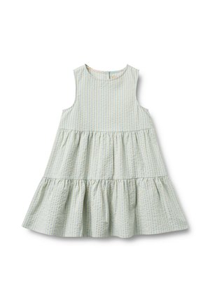 Lichtblauwe mouwloze jurk met een geplooide rok, voorzien van een getextureerd patroon met kleine strepen. Gemaakt van katoen met een ronde halslijn.