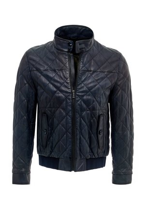 Gepolsterte marineblaue Lederjacke mit hohem Kragen, vorderem Reißverschluss, zwei schrägen Taschen sowie gerippten Bündchen und Saum.