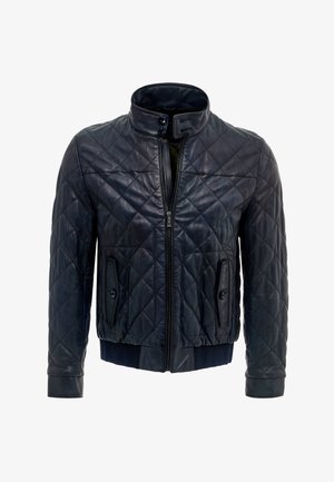 Gepolsterte marineblaue Lederjacke mit hohem Kragen, vorderem Reißverschluss, zwei schrägen Taschen sowie gerippten Bündchen und Saum.
