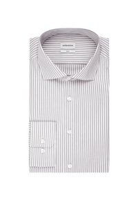 Grau-weiß gestreiftes Hemd mit Button-Down-Kragen, langen Ärmeln, einer Tasche auf der linken Seite und weißen Knöpfen.