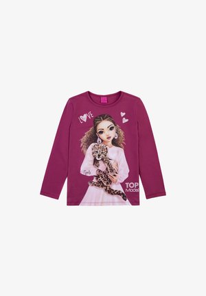 Long-sleeve plum T-shirt featuring a graphic print of a girl holding a leopard, with the text "LOVE" and "TOP Model" in white.
