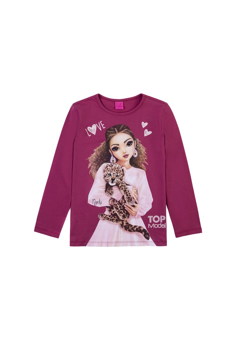 Langärmliges Pflaumen-T-Shirt mit einem grafischen Druck eines Mädchens, das einen Leoparden hält, mit dem Text "LIEBE" und "TOP Model" in Weiß.