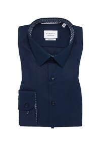 Marineblauw, super slim fit overhemd met knoopsluiting, contrasterend geometrisch patroon aan de binnenkant van de kraag en manchetten. Glad textuur.