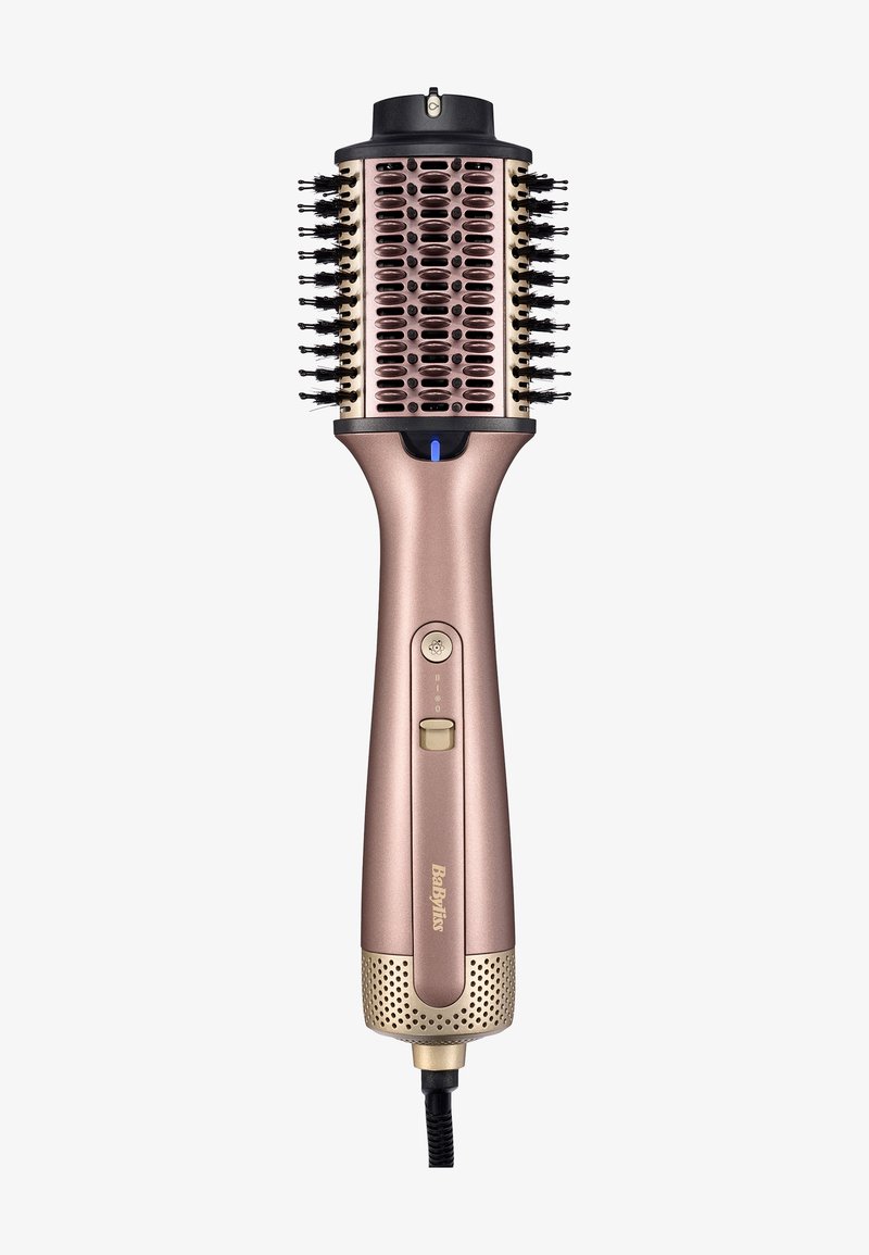 Cepillo eléctrico para el cabello con mango de oro rosa, cerdas negras, botones de control en el mango y cable de alimentación en la base.