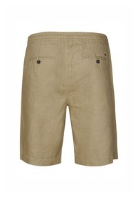 Beige Leinen-Shorts mit einem elastischen Bund, zwei Gesäßtaschen mit Knopfverschluss und einer lockeren Passform. Sie verfügen über eine saubere Nahtführung und eine glatte Textur.