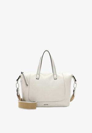 Weiße Lederhandtasche mit schwarzen Akzenten, zwei oberen Griffen, abnehmbarem Schultergurt und strukturiertem Oberflächenmaterial. Verfügt über minimale Hardware-Details.