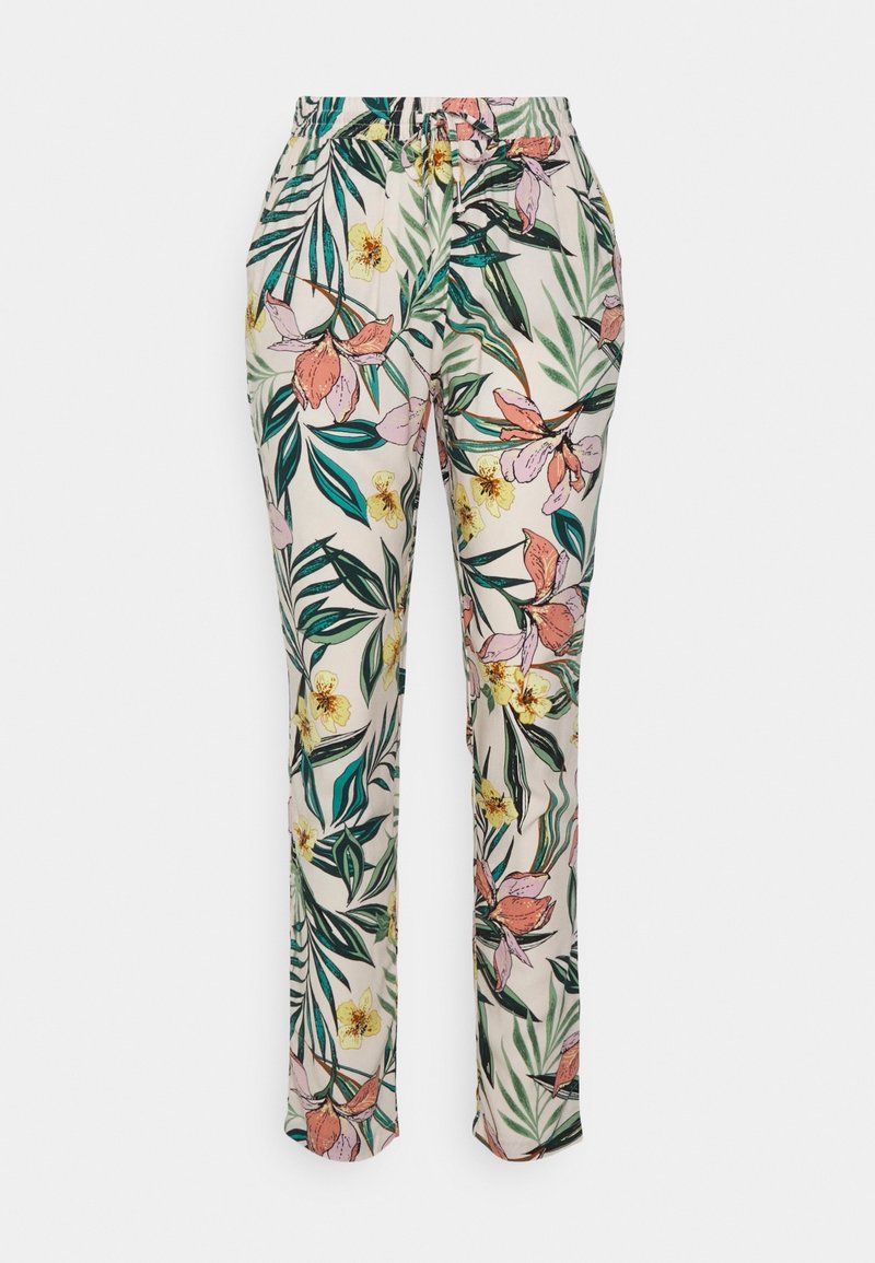 Pantalons floraux en tissu léger crème avec un motif vibrant d'orchidées roses et de feuilles vertes. Taille élastique pour plus de confort.