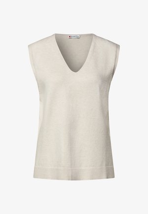 Beige gebreide mouwloze vest met V-hals en geribbelde zoom, ontworpen voor casual draag.