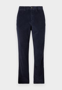 Navy corduroy broek met een recht gesneden ontwerp, voorzien van een knoopsluiting, riemlussen en gestructureerde ribstof.