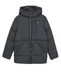 Svart boblejakke med hette, med glidelås foran, to sidelommer og en liten gul logo på brystet. Glatt tekstur og polstret design.