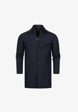 Navy coat with a tailored design, featuring a notched collar, two front pockets, and a zippered inner layer. Smooth fabric texture.